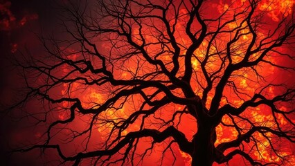 Blazing inferno engulfing dark twisted tree branches, hellish, darkness