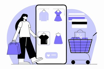 A digital illustration depicting a woman shopping online, browsing clothing on a smartphone, with a shopping cart nearby.