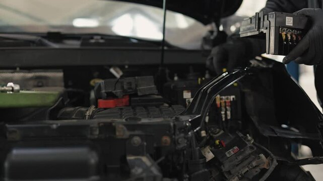
Automotive electrician - automobile service diagnostics, checking electro fuse relay in car, small business.Car engine repair electrician, open hood.