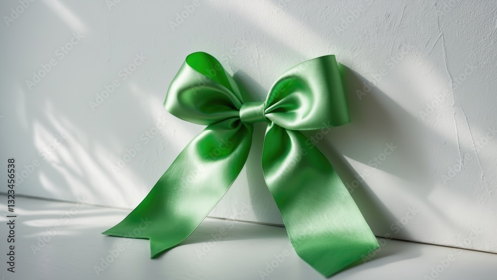 Poster green satin ribbon bow positioned on a white wall with soft shadows creating a calm ambiance suitabl