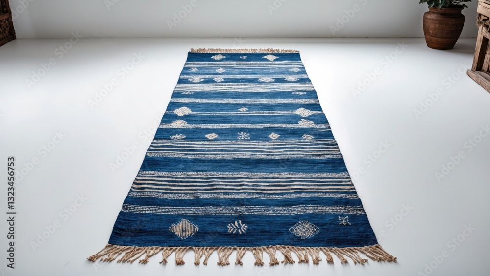 Poster handmade indigo woven rug featuring alternating blue and white stripes with floral patterns and frin