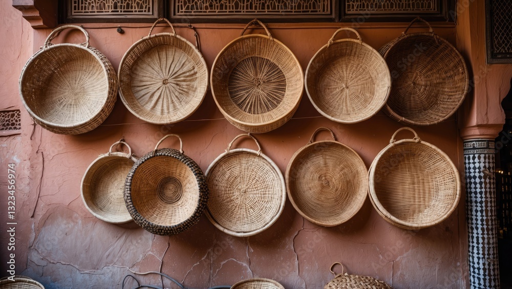 Poster handmade round wicker baskets arranged symmetrically on a textured clay wall, showcasing traditional