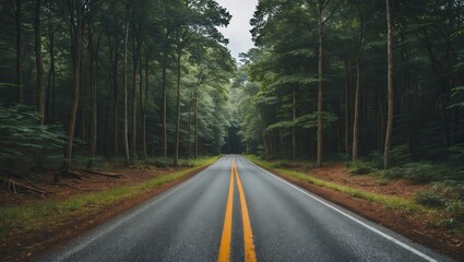 Forest road lined with tall green trees under a cloudy sky featuring a double yellow lane marking excellent for text or design space.