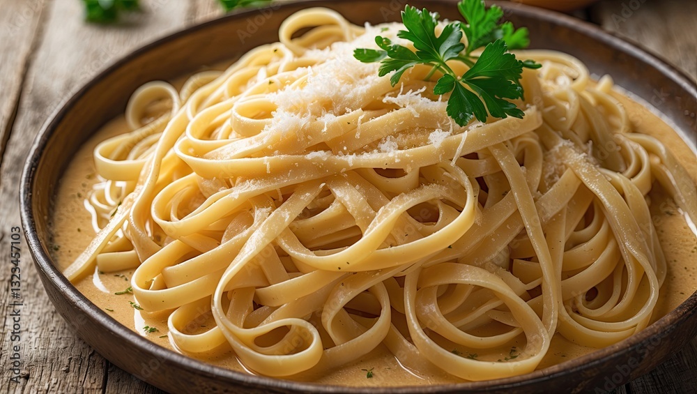 Poster delicious fettuccine pasta topped with cheese and parsley on a rustic wooden table with ample copy s