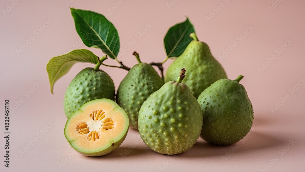 Aufkleber fresh guavas on a soft pastel background with vibrant green leaves arranged alongside whole and slic