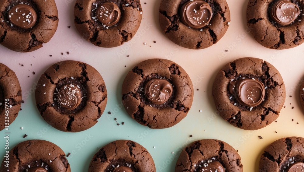 Poster chocolate cookies arranged in a grid on a soft pastel background showcasing rich brown hues with spr