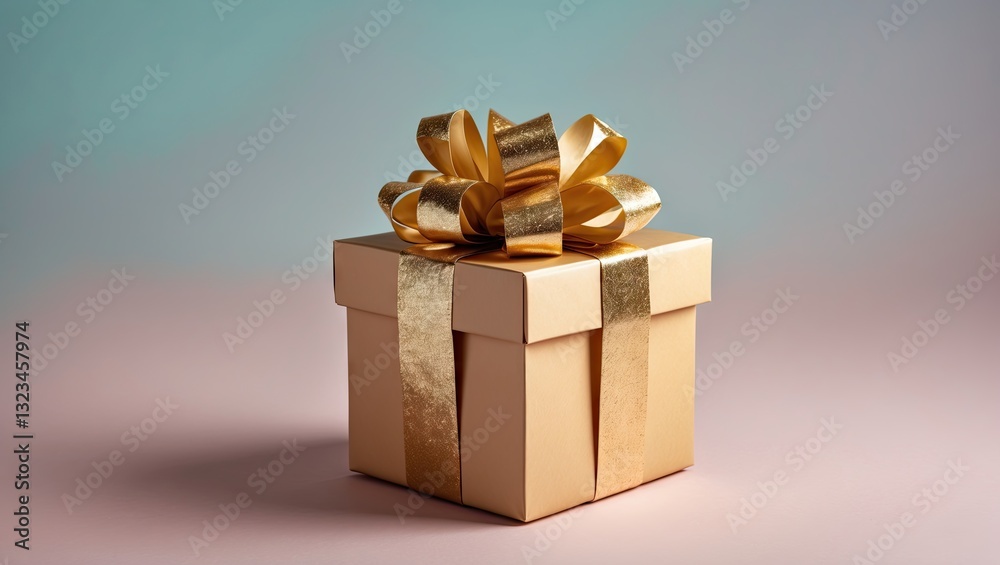 Poster pastel background featuring a beautifully wrapped gift box in soft beige with a shiny golden bow on 