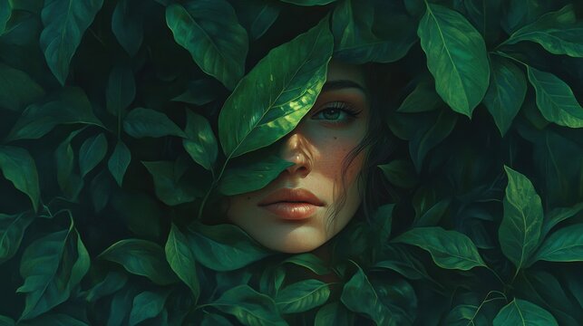 A dreamy portrait of a woman surrounded by lush greenery, a single leaf covering half of her face