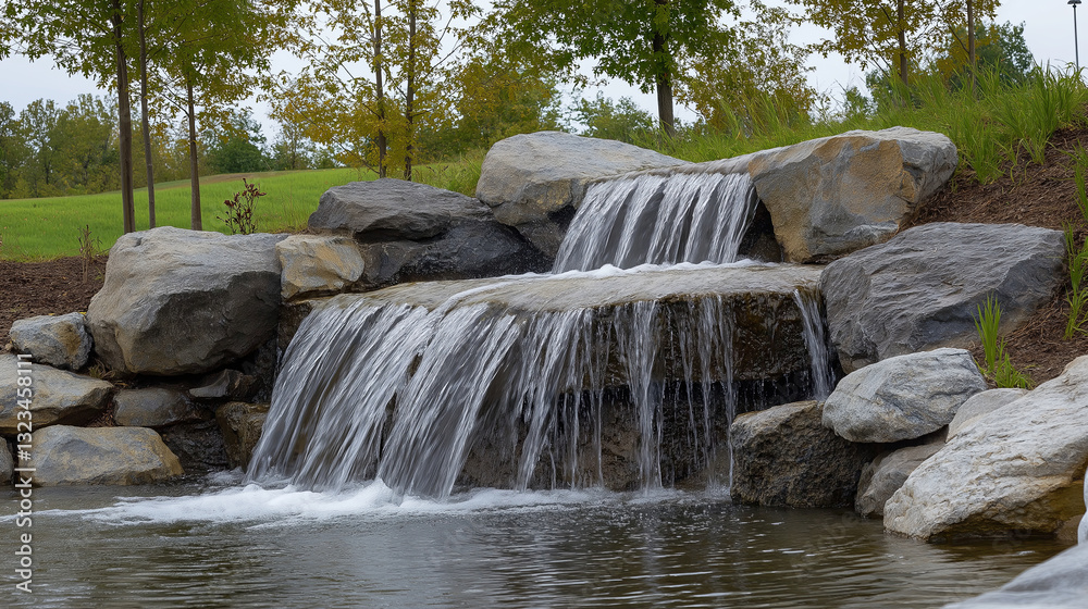 Poster a minimalist waterfall cascading down a smooth rock face