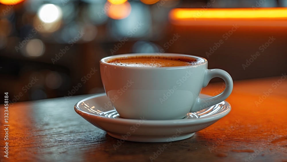 Poster espresso coffee in a white cup on a wooden table bathed in warm orange light, creating a cozy and in