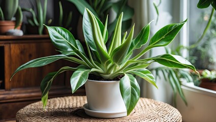 Lush green mother-in-law's tongue plant with vibrant leaves in a round white container positioned on a textured straw table near a bright window.