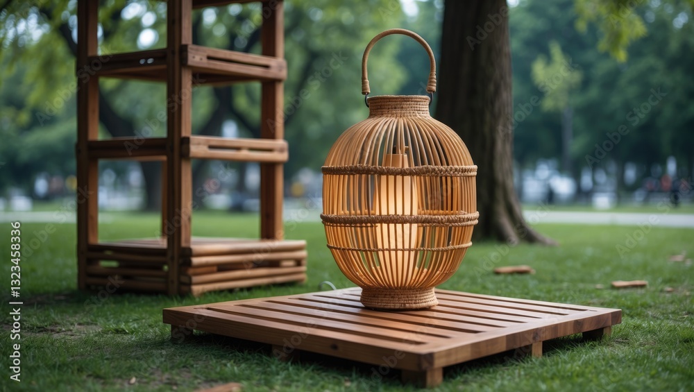 Poster Handcrafted rattan cover lamp on wooden rack in a green park setting with soft glow highlighting intricate weaving and natural tones of wood.