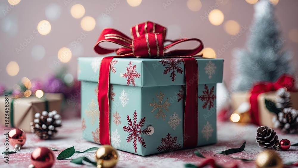 Poster Pastel blue gift box with red ribbon and snowflake design centered on soft pink background adorned with Christmas decorations and bokeh lights.