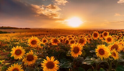 Sunflowers in a field, illuminated by the warm glow of the sunset, creating a peaceful, idyllic atmosphere. Perfect for nature-themed projects and serene summer views.
