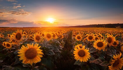 Fototapeta premium Sunflowers in a field, illuminated by the warm glow of the sunset, creating a peaceful, idyllic atmosphere. Perfect for nature-themed projects and serene summer views. 