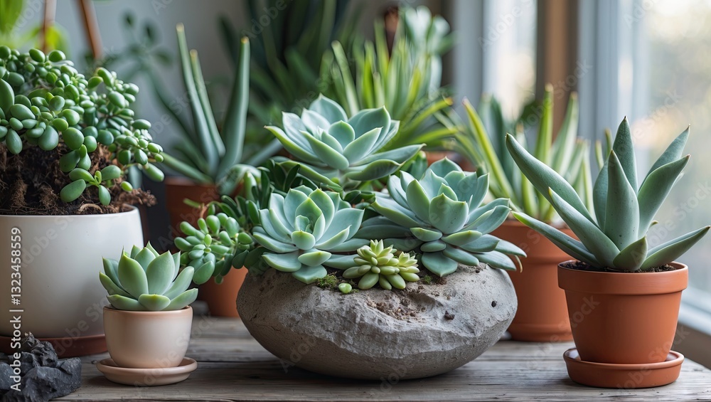Poster lush assortment of succulent houseplants in varying shades of green displayed in rustic pots on a wo