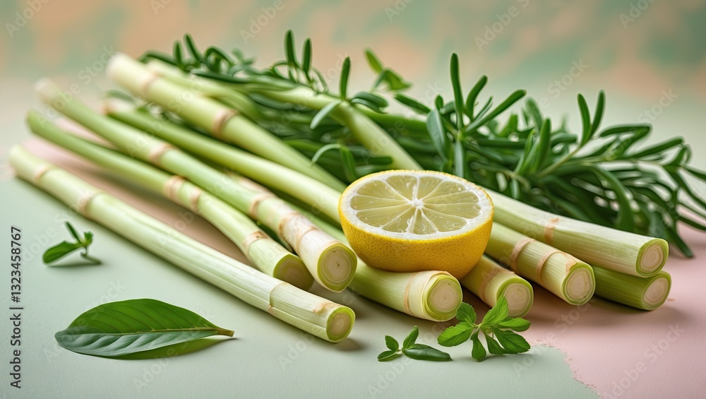 Poster fresh lemongrass stalks arranged diagonally on a pastel background with a sliced lemon and green lea