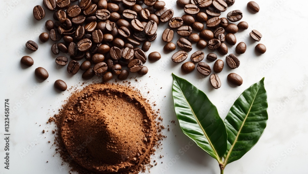 Poster Ground coffee in a mound surrounded by coffee beans and green coffee leaves on a white background with ample copy space for text or design.