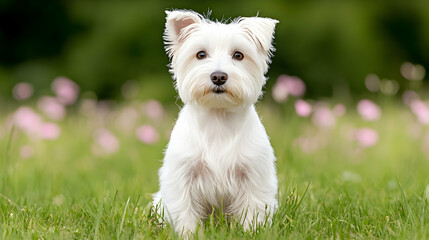 Adorable white dog in a grassy field with flowers