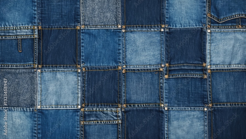 Leinwandbilder denim texture patchwork pattern featuring squares in various shades of blue arranged in a seamless l