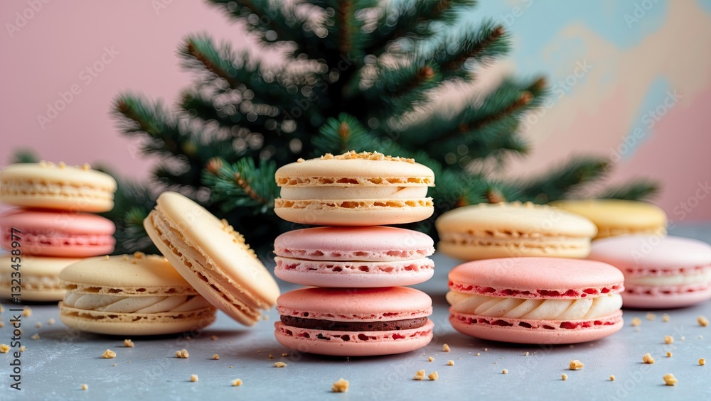 Aufkleber pastel macarons in pink and cream stacked elegantly with a fir tree in the background and soft paste