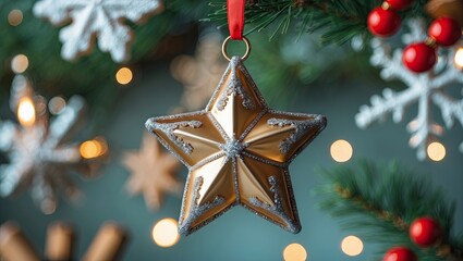 Golden star-shaped Christmas ornament with intricate details suspended from a vibrant red ribbon, surrounded by soft-focus seasonal decor with bokeh lights.