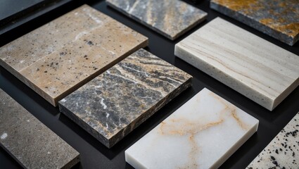 Elegant assortment of stone samples for kitchen and bathroom countertops arranged on a black surface featuring various colors and textures