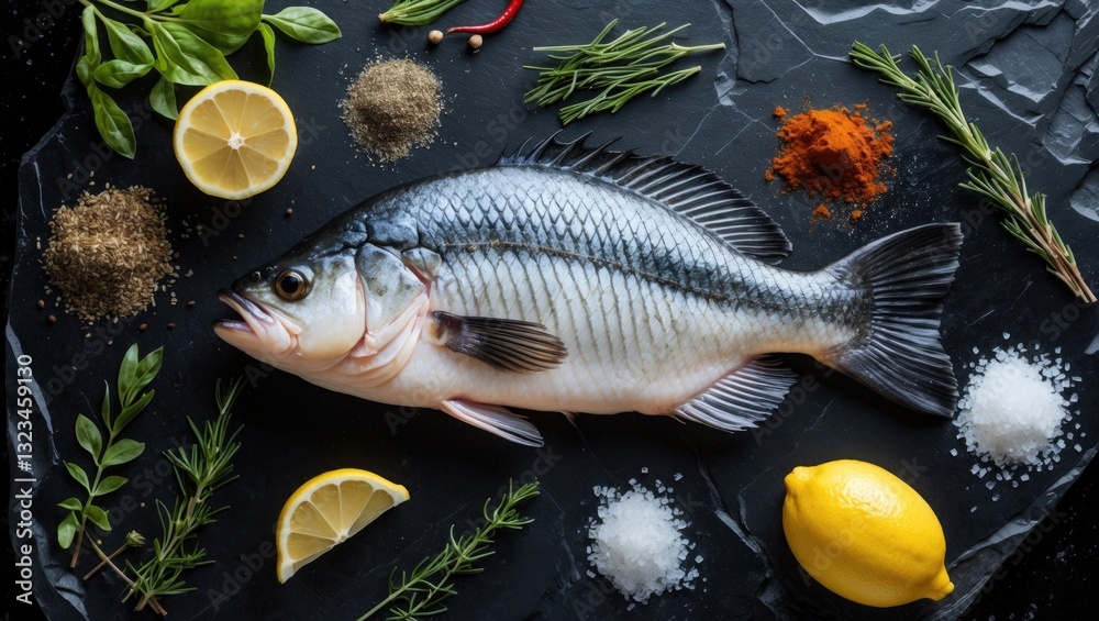 Poster fresh whole fish displayed on a dark surface with lemon slices, herbs, and spices arranged artfully 