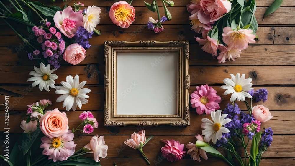 Aufkleber empty vintage photo frame centered on a wooden table surrounded by various colorful flowers in shade
