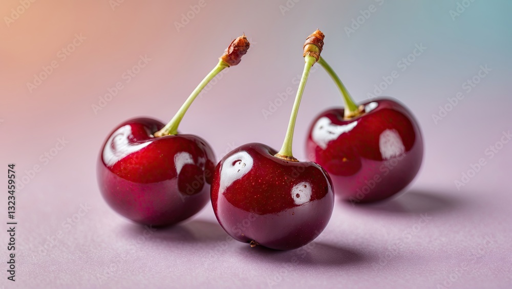 Poster fresh ripe bird cherries in red against a soft pastel gradient background with a blurred focus on gl