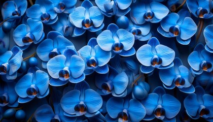Single-color arrangement of blue orchids filling the frame, creating a modern and striking visual. Perfect for bold, contemporary design projects and floral decor