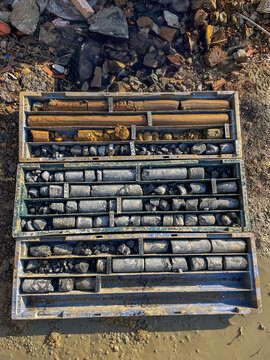 Mineral Core Samples in Storage Trays on Geological Exploration Site