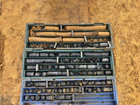 Mineral Core Samples in Storage Trays on Geological Exploration Site