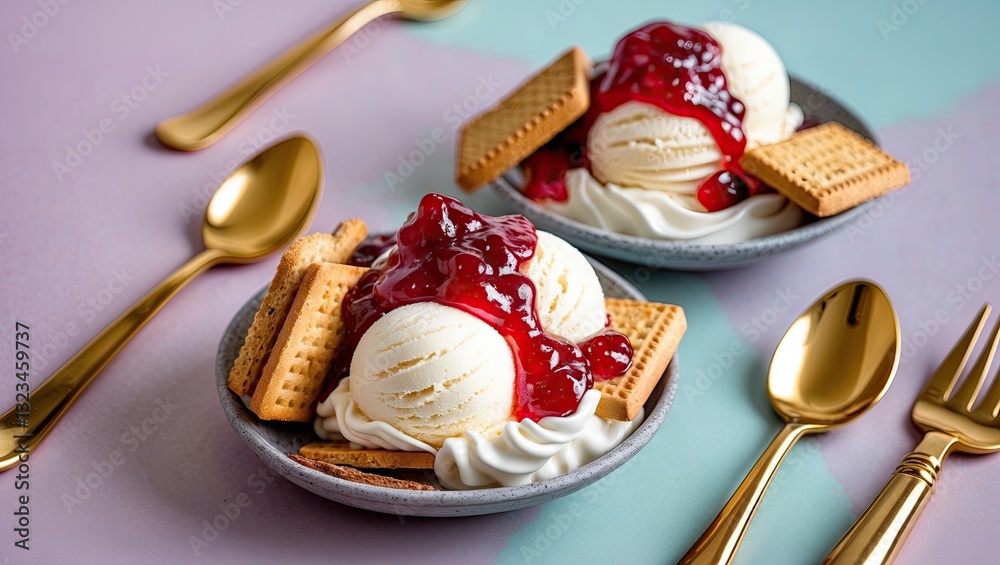 Aufkleber ice cream dessert with two scoops topped with red fruit jam and biscuits, elegantly arranged in grey