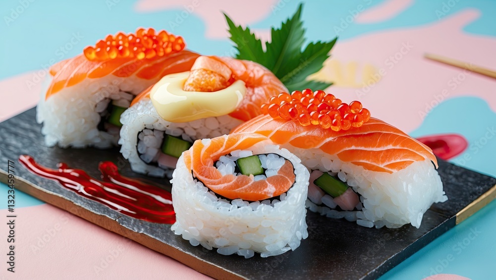 Poster fresh salmon sushi roll garnished with shrimp roe and cucumber on a dark slate plate with vibrant pi