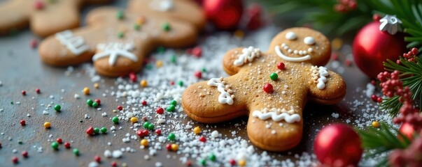 Gingerbread cookie decorated with festive sprinkles and colored icing, winter, cookiecutters