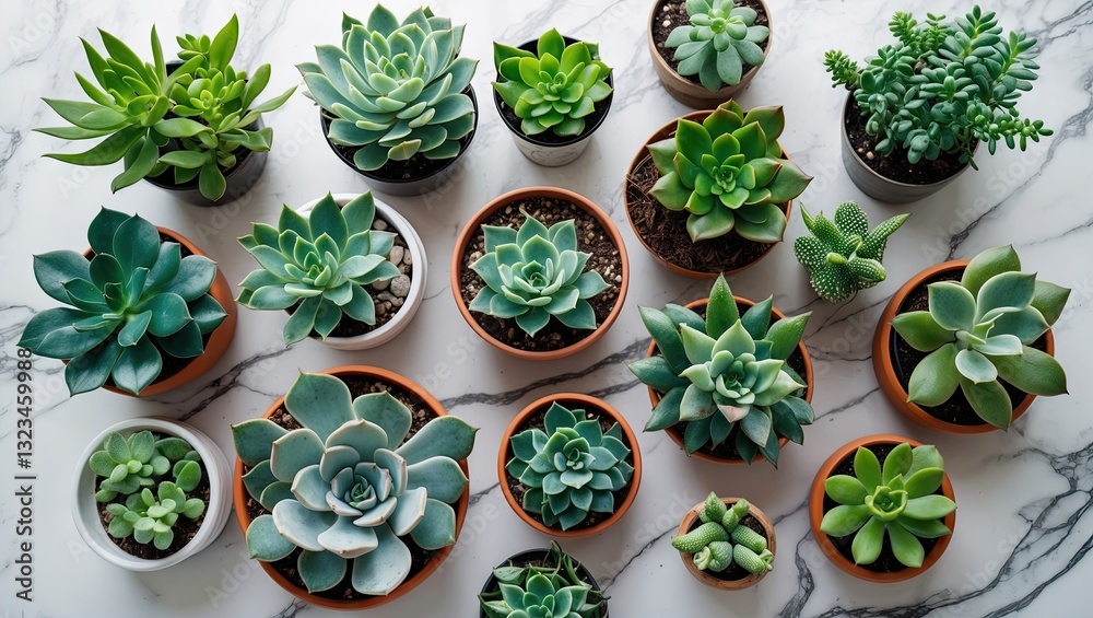Poster assorted succulent plants in terracotta and white pots arranged on a marble table with a clean backg