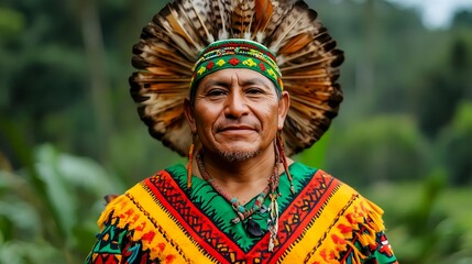 Obraz premium Indigenous Man, Colorful Headdress, Portrait - Cultural Diversity