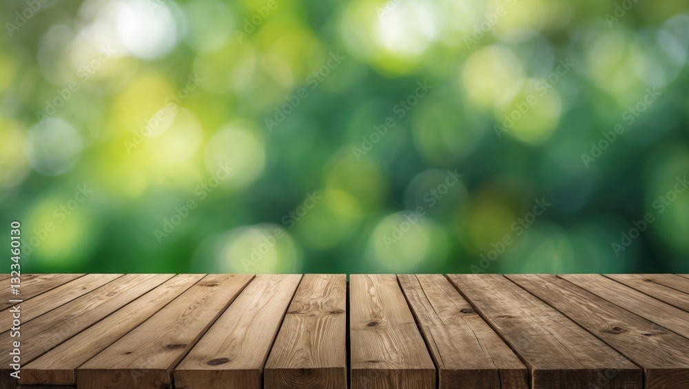 Leinwandbilder Wooden tabletop in foreground against a soft green blurred background creating a natural and inviting atmosphere for product display or promotion.