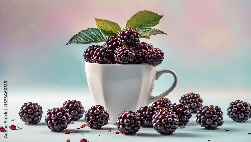 Poster bountiful cup of ripe mulberries with green leaves arranged on a pastel background with scattered be
