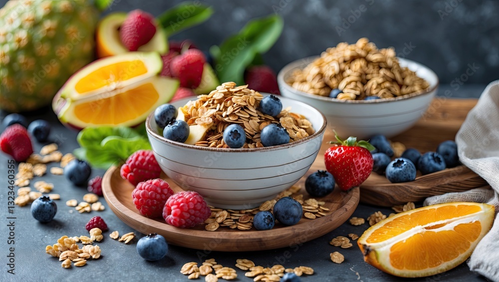 Poster fresh and colorful breakfast spread with granola and mixed berries in decorative bowls, placed on ru