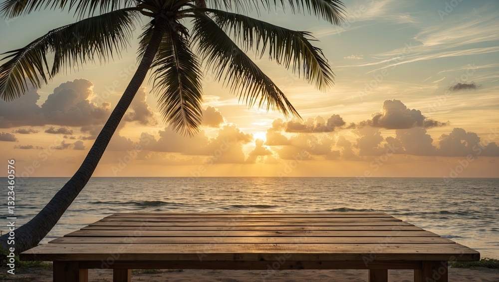 Poster empty wooden table in the foreground with a golden sunset sky and silhouetted palm tree to the side 