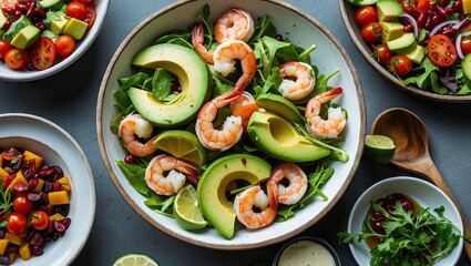 Fresh and vibrant salad with avocado and shrimp in a bowl, surrounded by colorful side dishes, on a gray background, ideal for text or design.