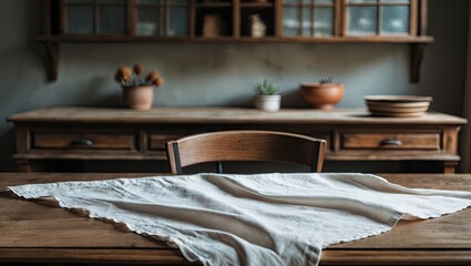 Minimalist view of an empty white tablecloth draped over a wooden desk showcasing a blurred rustic background with warm earthy tones.