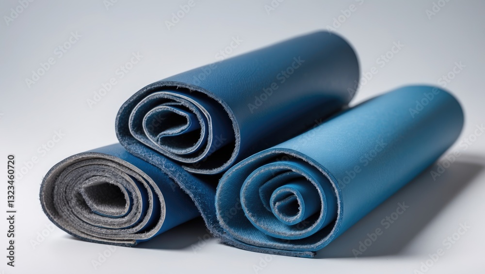 Poster rolled blue leatherette sheets featuring varied shades of blue on a soft white background with smoot