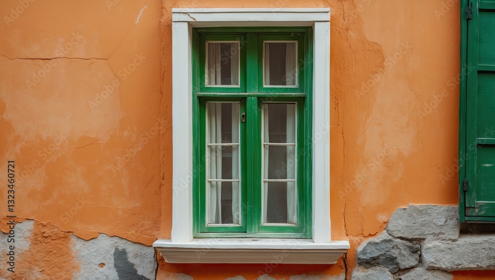 Aufkleber vintage green window with white frame centered on a textured orange wall showcasing rustic charm and
