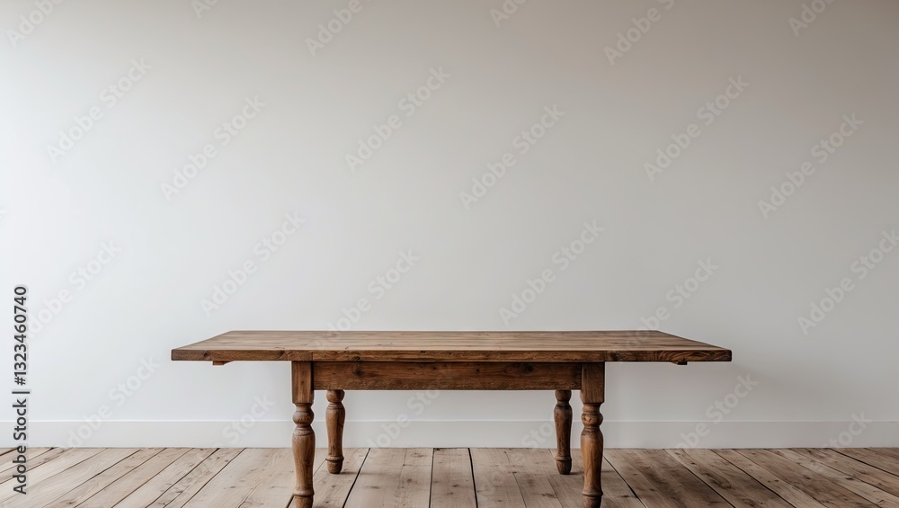 Aufkleber empty rustic wooden table centered on light wooden floor against a soft white wall, ideal for showca