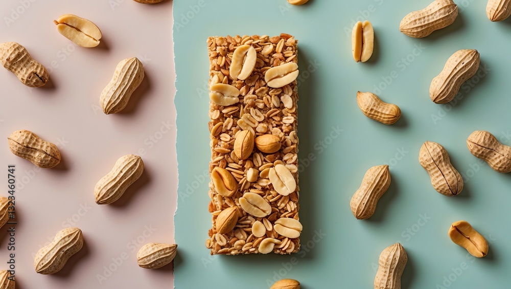 Poster granola bar topped with peanuts centered on a turquoise background surrounded by scattered raw peanu