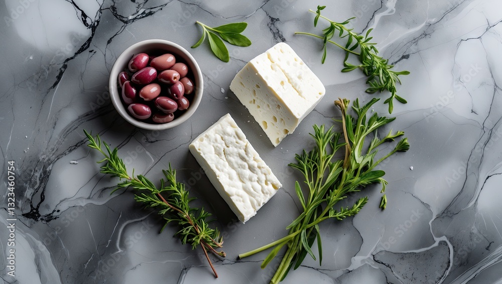 Aufkleber Feta cheese blocks with fresh herbs and olive bowl arranged on a gray marble background with ample copy space for design or text insertion.
