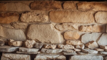 Rustic stone wall texture in warm beige and brown tones featuring uneven surfaces, ideal for backdrops in cozy interior settings.